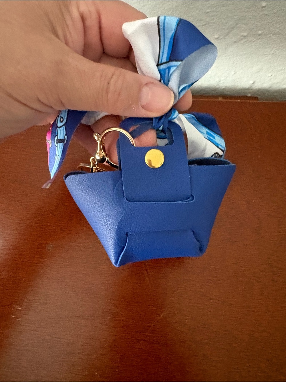 NWOT Blue Mini Leather Purse Charm/ Keychain with Scarf Accent